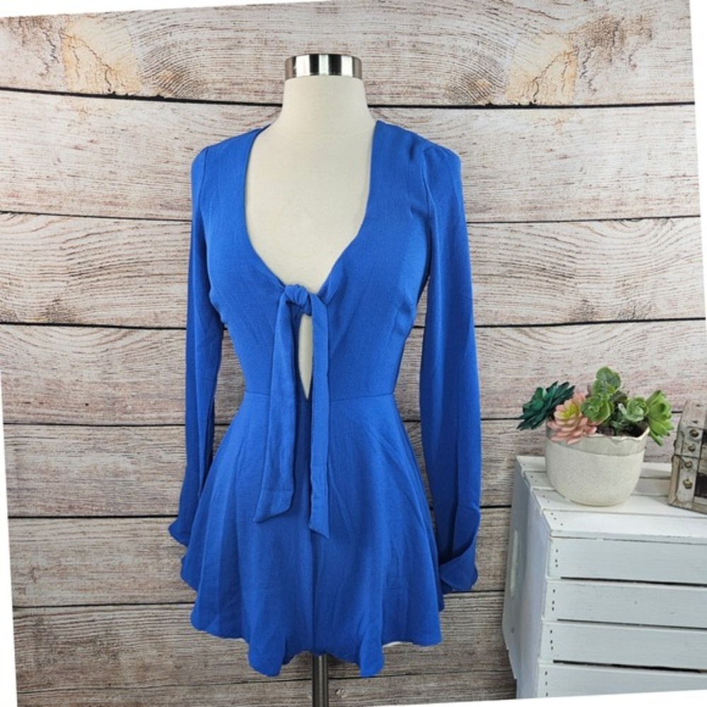 NWT By The Way Blue Romper XS Tie Front Long Sleeve Textured Mini Dress